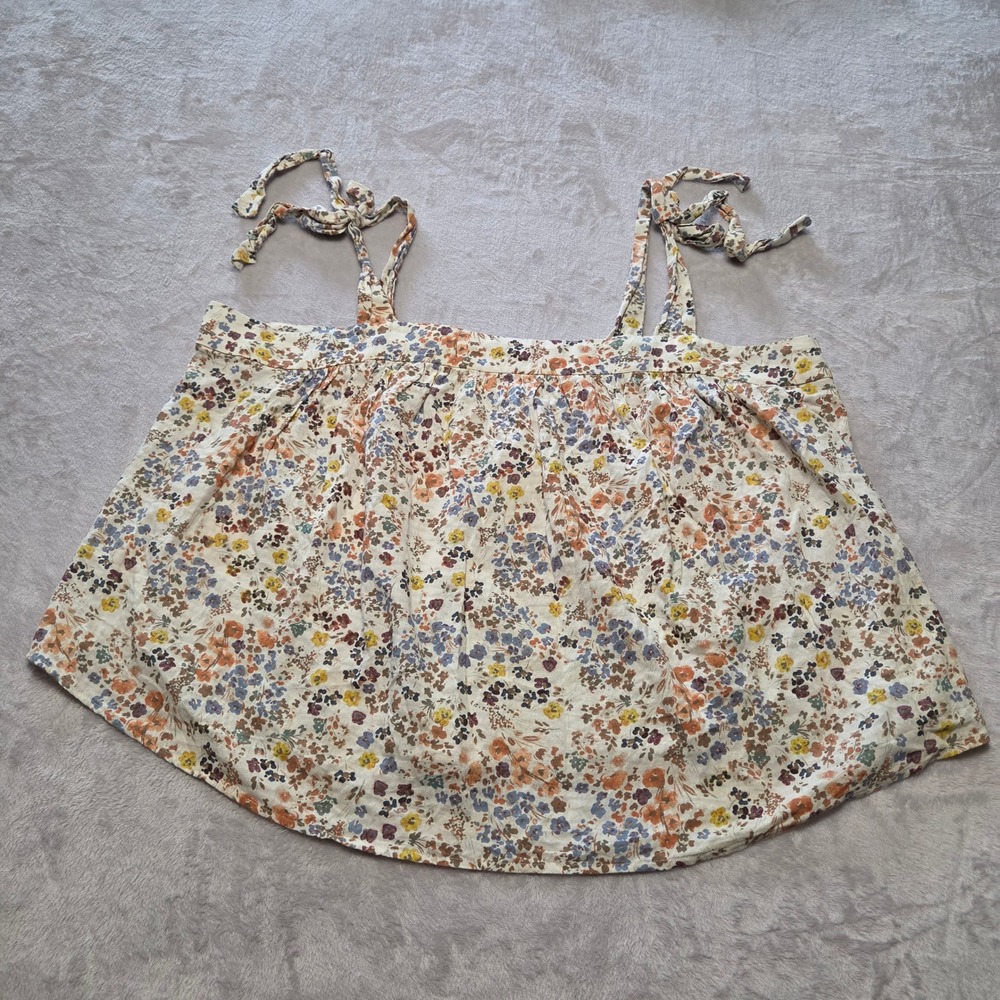 Cottagecore Boho Floral Tie Shoulder Tank Top Plus Size 2X Cream Multicolor